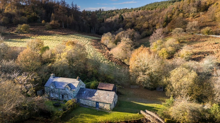 An aerial view of Glan yr Afon and its open garden, Gwynedd